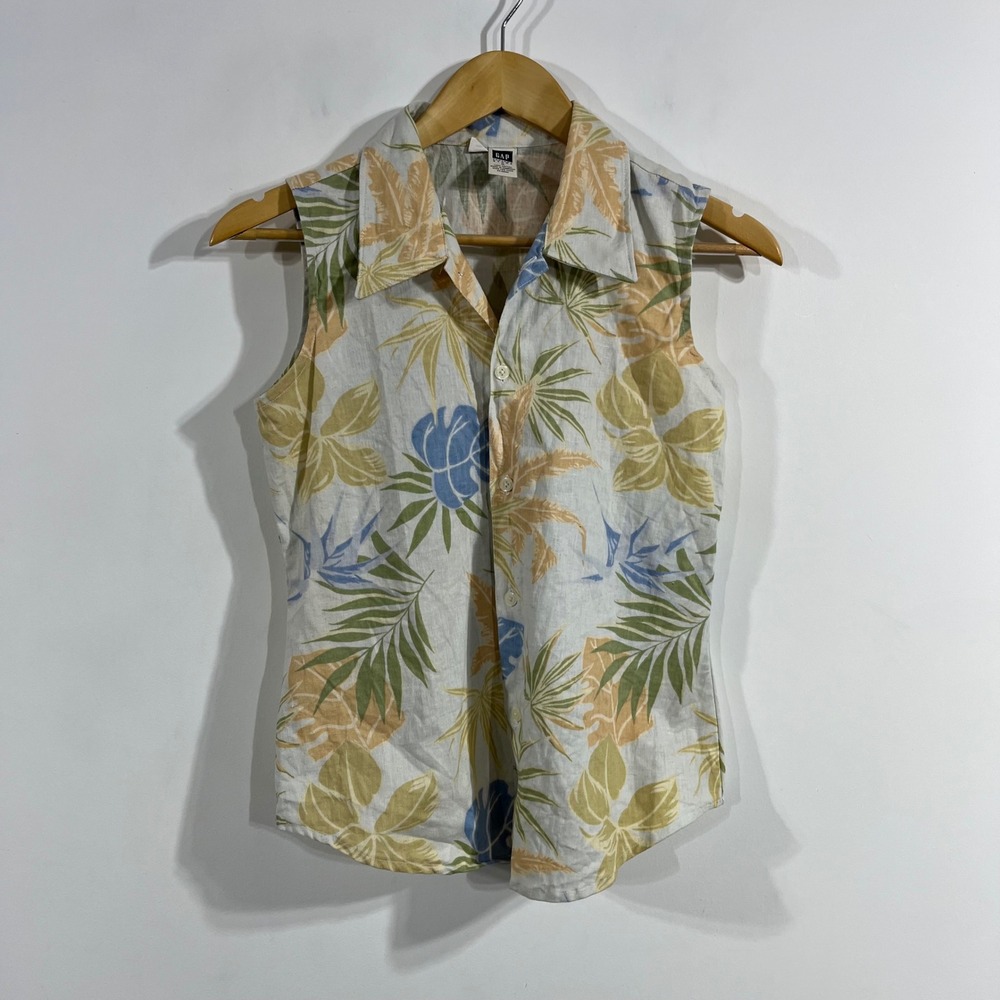 Gap VTG 90s Resort Tropical Floral Palm Button Down Shirt Boho Womens Medium